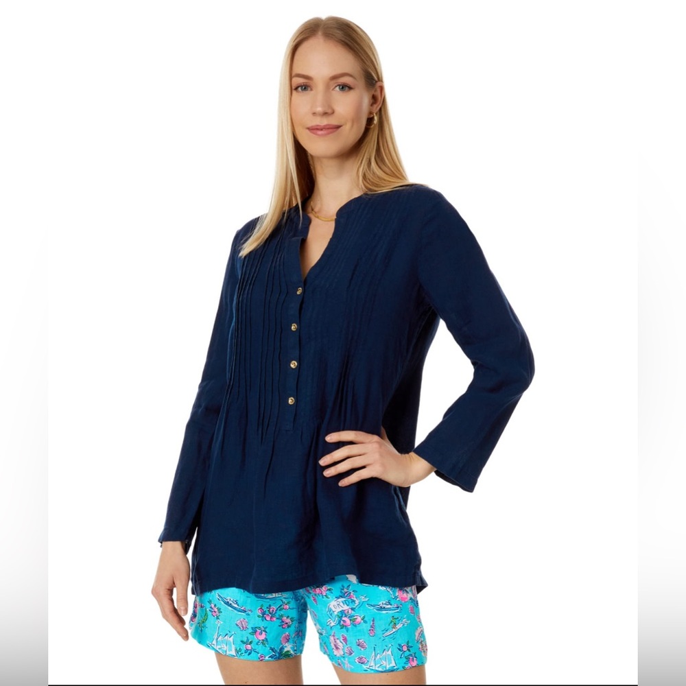 Lilly Pulitzer long sleeve navy Sarasota Henley top small linen